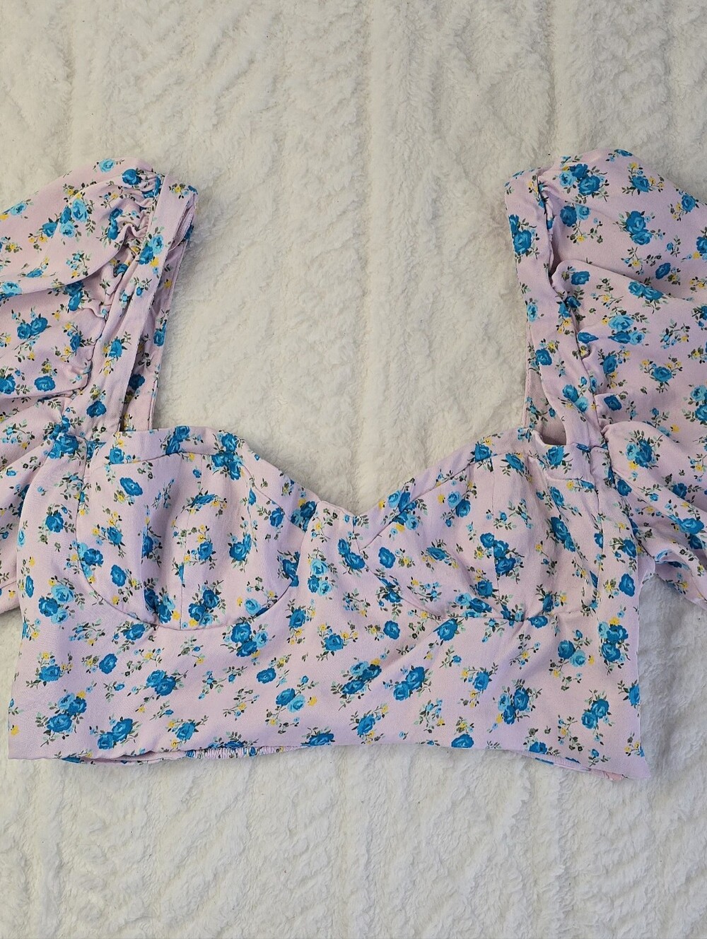 Zara Crop Top Pink Floral Short Puff Sleeve Sweetheart Neck Cottage Coquette L